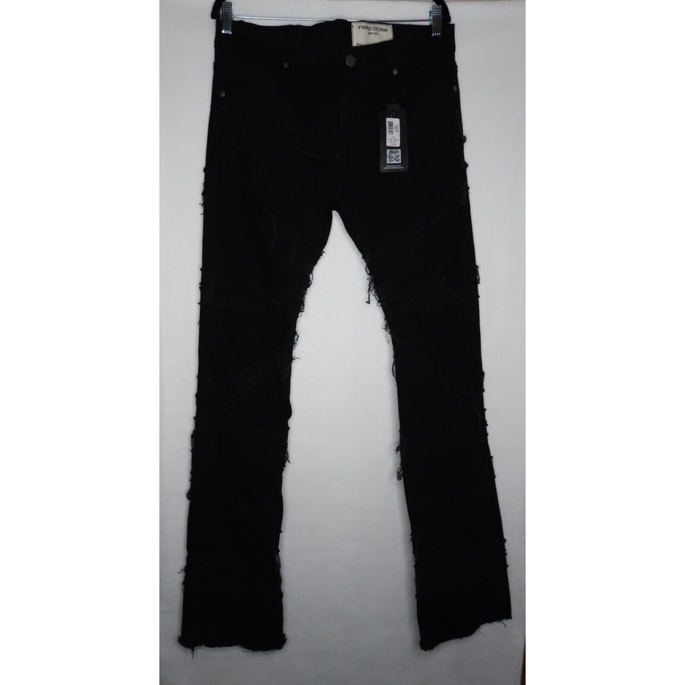 FWRD Denim Mens 32x36 Fit 2 Stacked Jet Black Frayed Distressed Jeans Streetwear